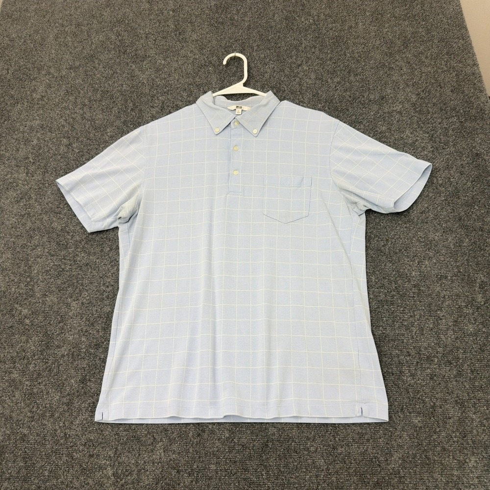Uniqlo Polo Shirt Mens L Blue Cotton Blend Plaid Button Down Collar Casual Style